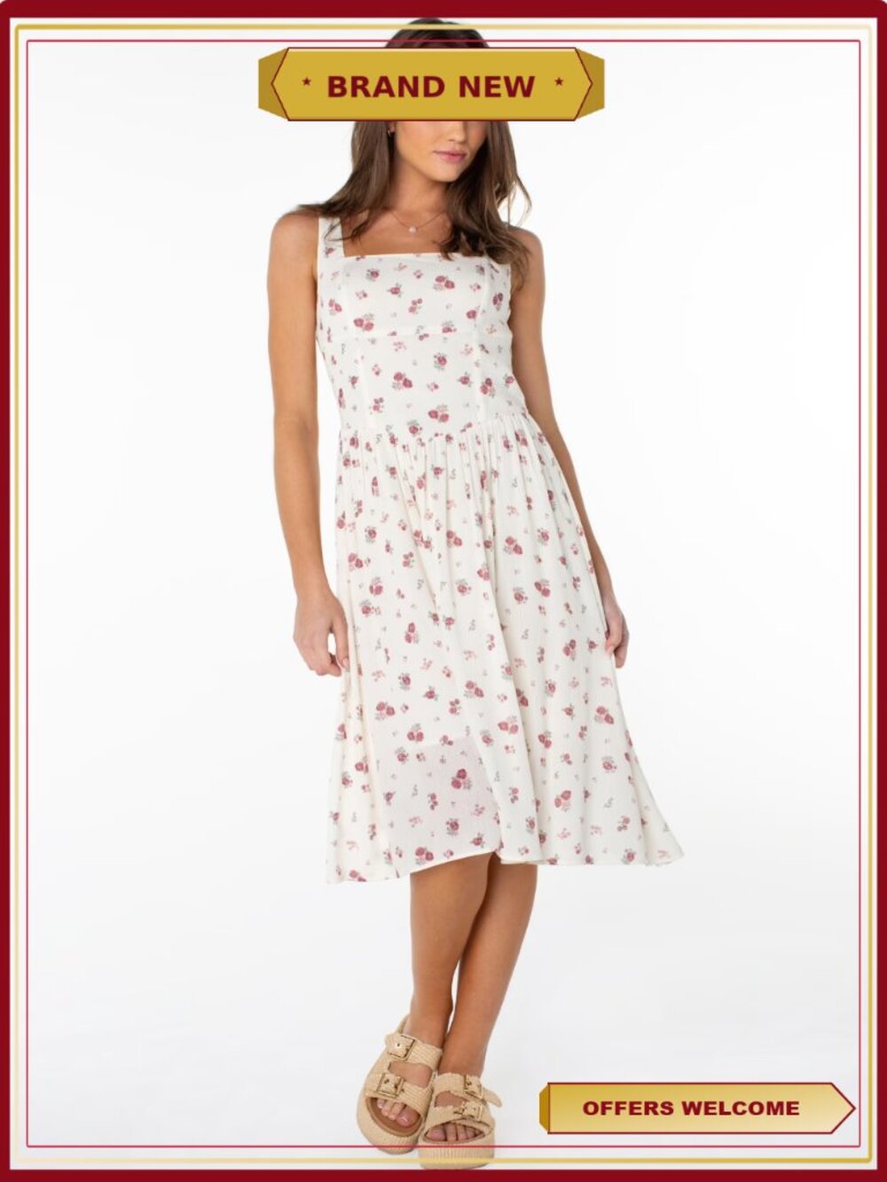 Smocked Back Floral Tank Midi Dress Square Neck Basque Waist
